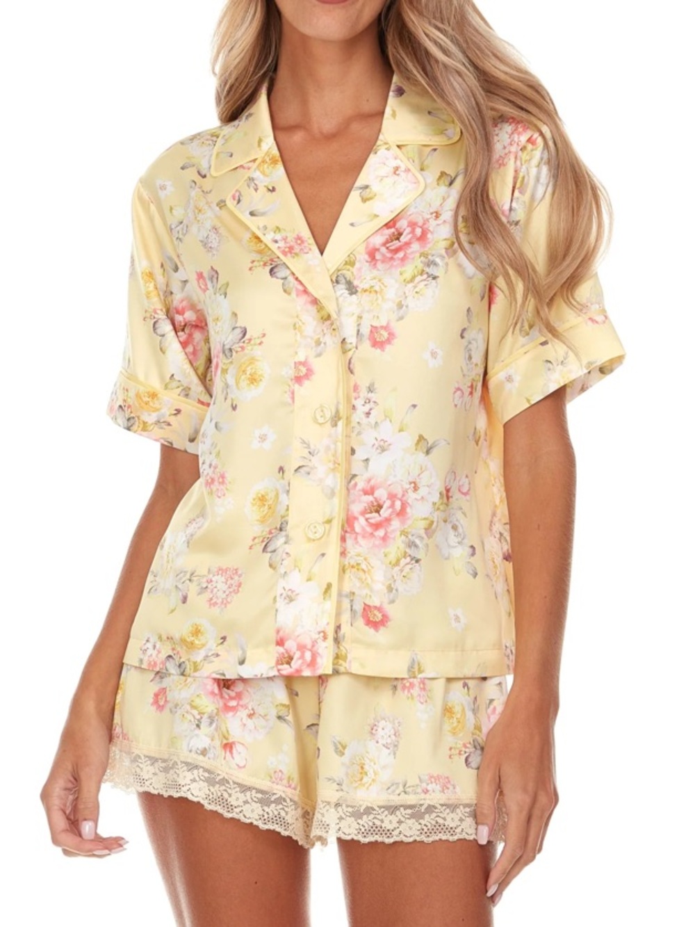 Flora Nikrooz Yellow Floral Satin Short Pajama Set